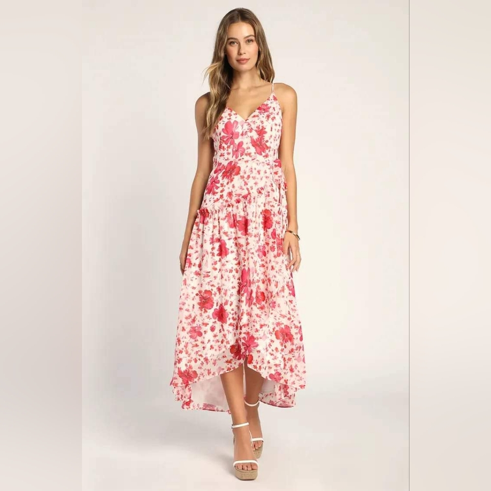 Lulu's Fete Fancy Cream Floral Print Metallic Ruffled Wrap Maxi Dress